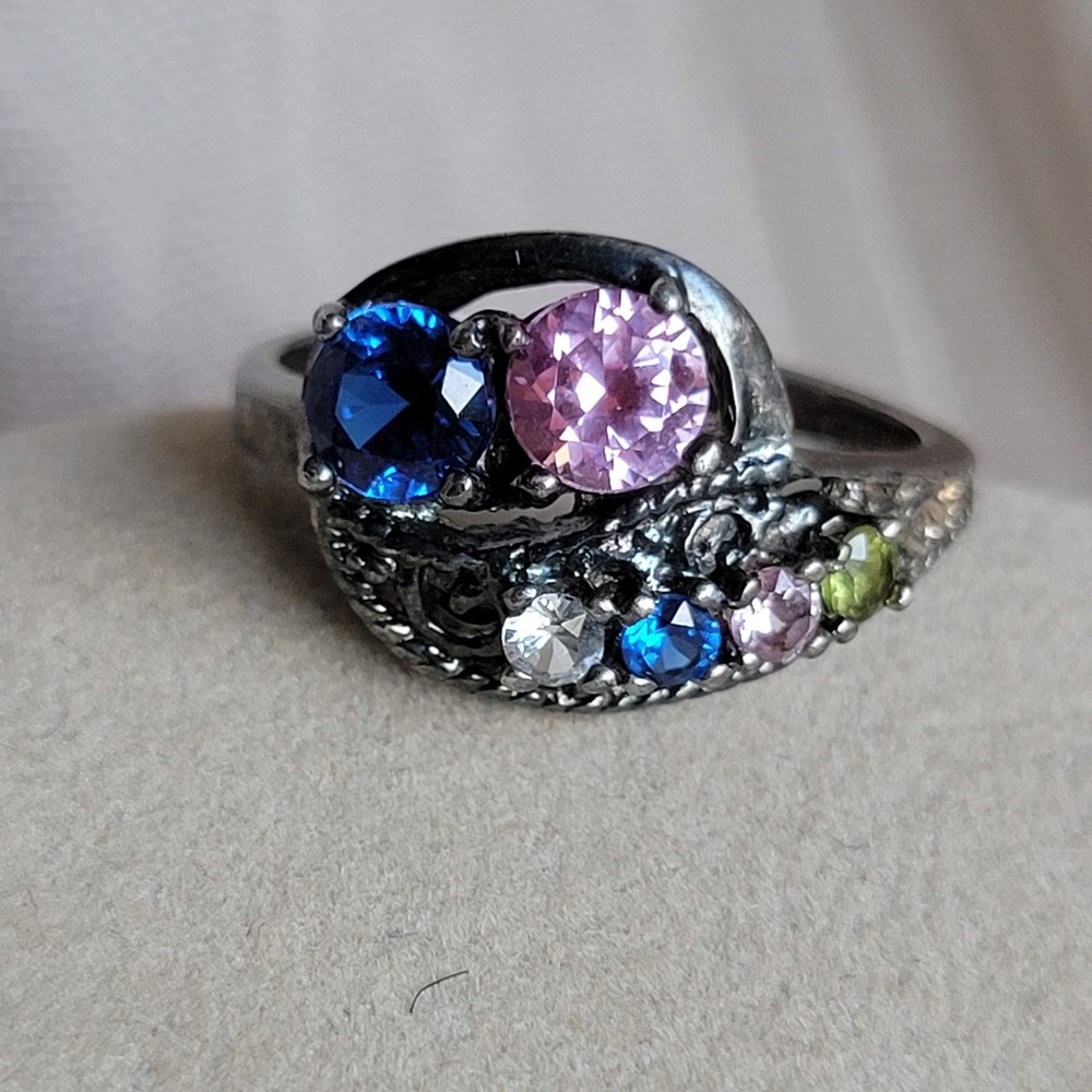 Vintage Sterling Silver Tutti Frutti Rainbow Gemstone Ring Size 8